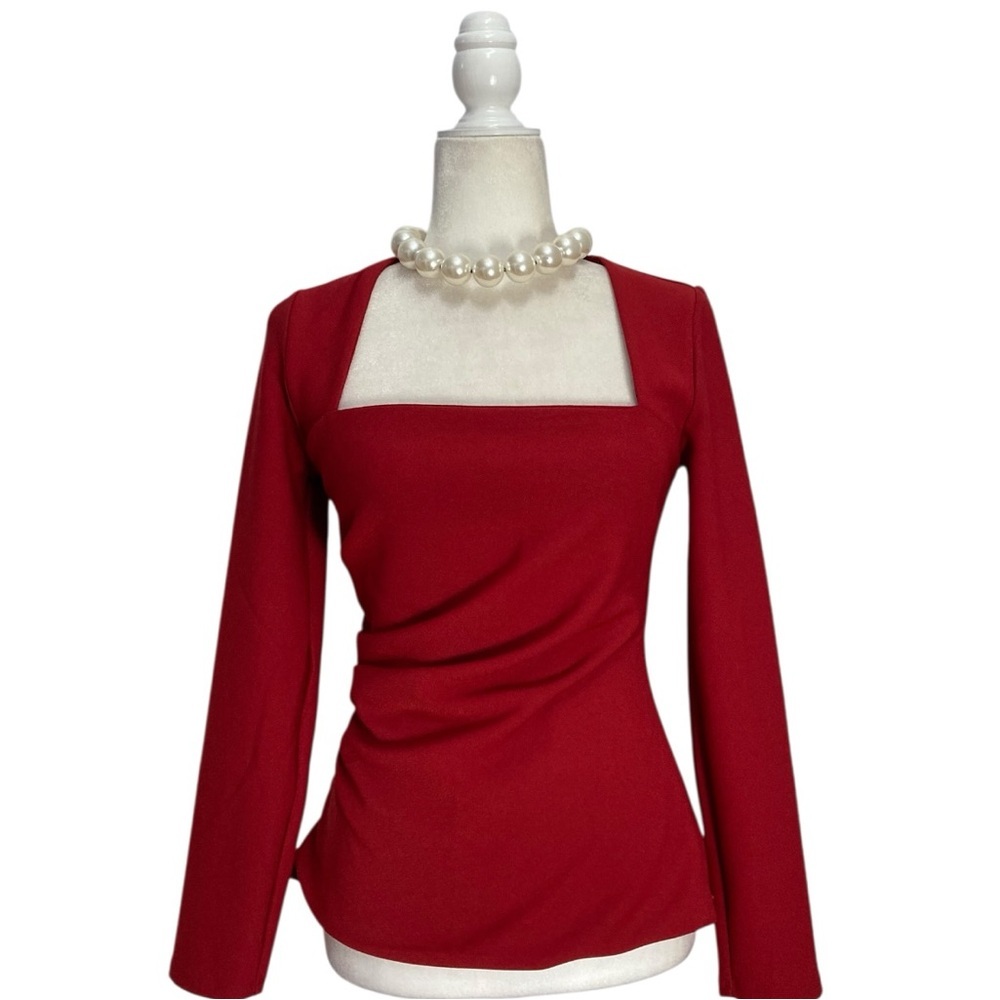 Abercrombie & Fitch Long-Sleeve Stretch Crepe Portrait Top NWT in Red Burgundy